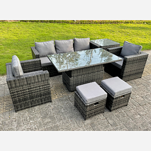 (with footstools and side table) 5 seater mixed rattan furniture dining sofa set with adjustable table /foostools