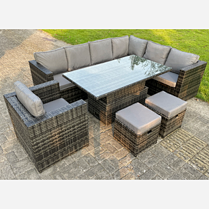(extra 2 small footstools+1chair) rattan corner sofa set with adjustable dining table dark mixed grey
