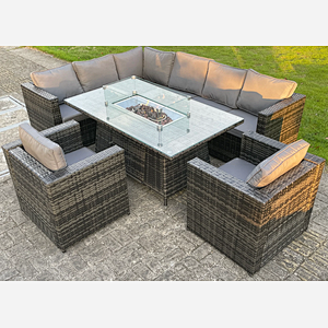 8 seater Outdoor Rattan Garden Left Corner Furniture Gas Fire Pit Table Sets Gas Heater Lounge Chairs Dark Grey
