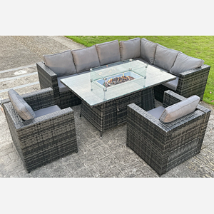 8 Seater Outdoor Rattan Garden Right Corner Furniture Gas Fire Pit Table Sets Gas Heater Lounge Chairs Dark Grey