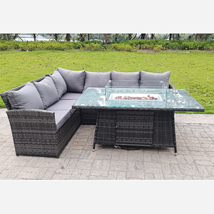 High Back Corner Rattan Garden Furniture Sofa Gas Fire Pit Dining Table Gas Heater Sets 6 seater
