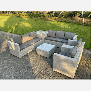 Fimous Light Grey Corner Rattan Garden Outdoor Sofa Set Chairs Sofa Side Table Square Coffee Table 8 Seater