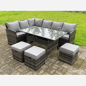 Fimous High Back Dark Mixed Grey Rattan Corner Sofa Set Outdoor Furniture Rectangular Dining Table 3 Small Footstools 9 Seater