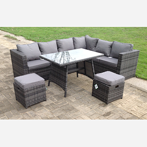 Fimous Dark Mixed Grey Rattan Garden Outdoor Corner Sofa Set Rectangular Dining Table Small Footstools 8 Seater