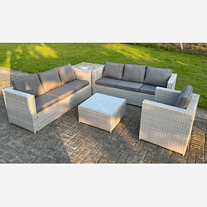 Fimous Light Grey Rattan Garden Outdoor Lounge Sofa Set Chair Sofa Side Table Square Coffee Table 7 Seater