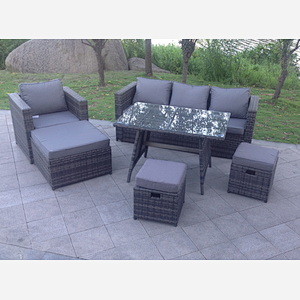 Fimous Dark Mixed Grey Rattan Garden Outdoor Sofa Set Chair Rectangular Dining Table Big Footstool 2 Small Footstools 7 Seater