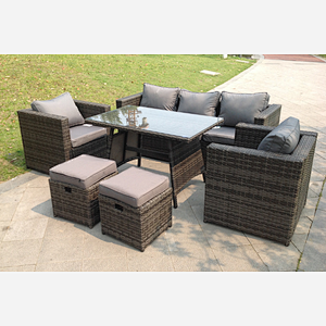Fimous Dark Mixed Grey Rattan Garden Outdoor Sofa Set Chairs Rectangular Dining Table 2 Small Footstools 7 Seater