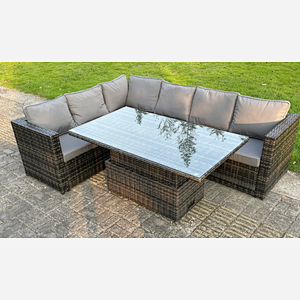 Fimous 6 Seater PE Rattan Corner Sofa Set Rising Adjustable Dining Table Set With Seat And Back Cushion