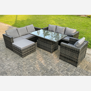 Fimous 8 Seater Outdoor Rattan Sofa Set Adjustable Rising Lifting Dining Table Side Coffee Table Chairs Footstool Dark Grey Mixed