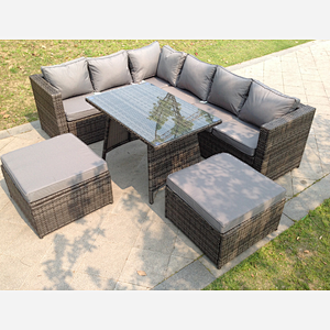Fimous 8 Seater Rattan Corner Sofa Set Dining Table 2 Big Footstool Garden Furniture Outdoor