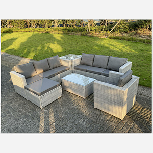 Fimous Light Grey PE Rattan Garden Furniture Set Corner Lounge Sofa Set Oblong Square Coffee Table Big Footstool Armchair