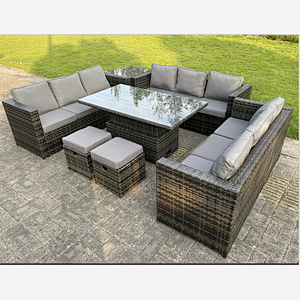 Fimous 11 Seater Outdoor Rattan Sofa Set Lounge Adjustable Rising Lifting Side Tables Chairs Footstool Dark Grey Mixed