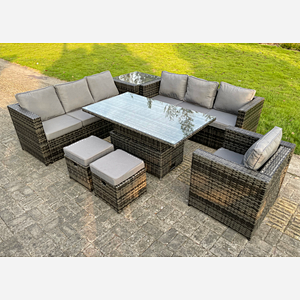 Fimous 9 Seater Outdoor Rattan Sofa Set Adjustable Rising Lifting Side Tables Chairs Footstool Dark Grey Mixed