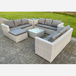 Fimous Light Grey Lounge Outdoor PE Rattan Garden Furniture Set Wicker Sofa Set Square Coffee Table Side Table Footstool