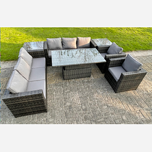 Fimous 8 Seater Outdoor Rattan Garden Furniture Adjustable Rising Lifting Table Armchairs Dark Grey Mixed