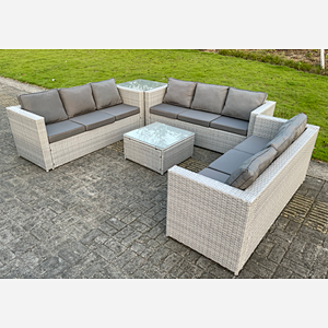 Fimous Light Grey Lounge Outdoor PE Rattan Garden Furniture Set PE Wicker Sofa Set Square Coffee Table Side Table 6 Seater