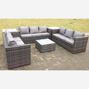 Fimous Patio 9 Seater U Shape Rattan Sofa Set Patio Outdoor Garden Furniture With 3 Coffee Table Dark Grey Mixed