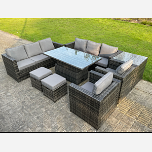 Fimous 10 Seater Outdoor Rattan Garden Furniture Adjustable Rising Lifting Side Tables Small Footstools Dark Grey Mixed