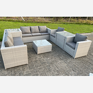 Fimous Light Grey Outdoor PE Rattan Garden Furniture Set Wicker Sofa Set Square Coffee Table 2 Armchair Side Table