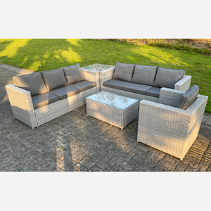 Fimous Light Grey Outdoor Rattan Garden Furniture Set Corner Sofa Set Oblong Square Coffee Table Armchair