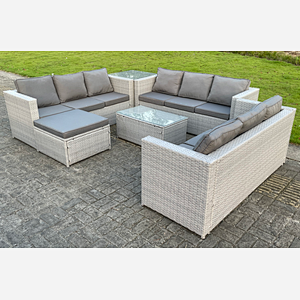 Fimous 10 Seat Light Grey Lounge Outdoor PE Rattan Garden Furniture Set Wicker Sofa Set Oblong Coffee Table Side Table Footstool