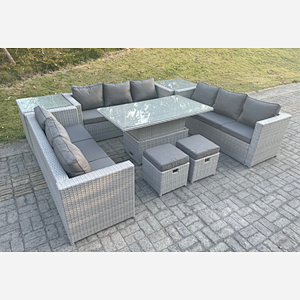 Fimous U Shape Lounge Rattan Garden Furniture Set Adjustable Rising Lifting Table Dining Set With 2 PC Side Coffee Tea Table Stool