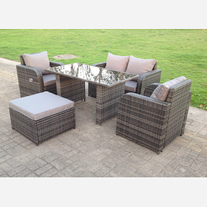 Fimous Rattan Garden Furniture Set Adjustable Chair Sofa Double Love Seat 2 Seater Sofa Oblong Black Glass Dining Table