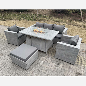 Fimous Light Grey Rattan Fire Pit Garden Furniture Set Gas Heater Burner Chairs With Big Footstool