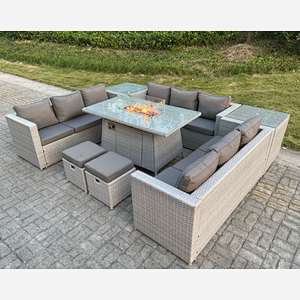 Fimous Light Grey U Shape Lounge Sofa Dining Set With Gas Fire Pit  Heater Burner With 2 PC Side Coffee Tea Table Stools