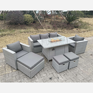 Fimous Light Grey Rattan Fire Pit Garden Furniture Set Gas Heater Burner Chairs With 3 PC Stools