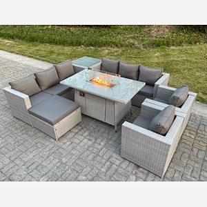 Fimous Light Grey Rattan Fire Pit Garden Furniture Set Gas Heater Burner Lounge Sofa Dining Set Coffee Table Chairs Footstool