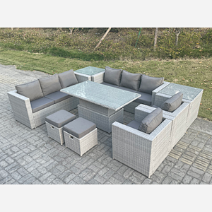 Fimous Rattan Garden Funiture Set Adjustable Rising Lifting Table Sofa Dining Set Lounge Chair 2 Side Table Stool