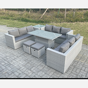 Fimous U Shape Lounge Rattan Garden Furniture Set Adjustable Rising Lifting Table Dining Set With Side Coffee Tea Table Stool