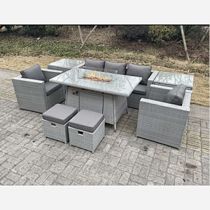 Fimous Rattan Garden Furniture Set Gas Fire Pit Lounge Sofa Chair Dining Set With 2 Side Table And 2 PC Arm Chair 2 Stools