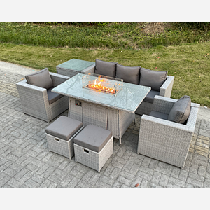 Fimous Rattan Garden Furniture Set Gas Fire Pit Lounge Sofa Chair Dining Set With Side Table And 2 PC Arm Chair Stools