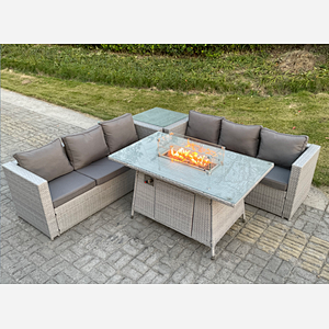 Fimous Light Grey Corner Rattan Fire Pit Garden Furniture Set Gas Heater Burner Lounge Sofa Dining Table With Side Coffee Table