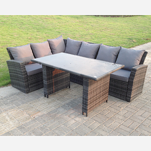 Fimous 6 Seater High Back Rattan Garden Furniture Set Corner Sofa With Black Tempered Glass Dining Table