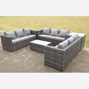 Fimous Outdoor Rattan Garden Furniture Lounge Sofa Set With Oblong Coffee Table And Side Tall High Table