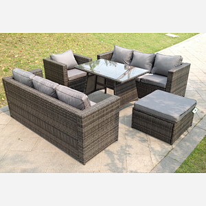 Fimous 8 Seater Rattan Sofa Loung Set With Dining Table Arm Chair And Big Footstool