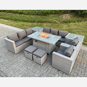 Fimous Light Grey Rattan Fire Pit Garden Furniture Set Gas Heater Burner Lounge Sofa Dining Set 2 Coffee Table Chairs Stools