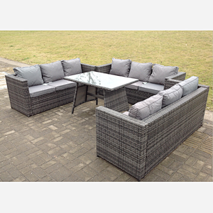 Fimous Outdoor Rattan Garden Furniture Lounge Sofa Set With Oblong Dining Table With Clear Tempered Glass