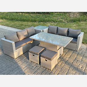 Fimous Rattan Garden Funiture Set Height Adjustable Rising Lifting Table Sofa Dining Set With Side Coffee Tea Table Stool
