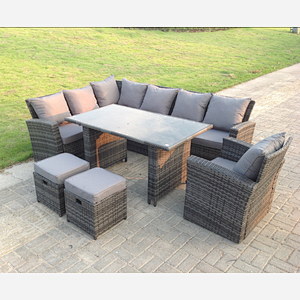 Fimous 9 Seater High Back Rattan Garden Furniture Set Corner Sofa With Black Tempered Dining Table 2 Stools With Arm Chair