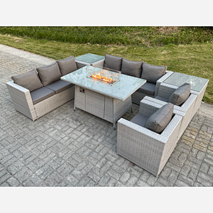 Fimous Light Grey Rattan Fire Pit Garden Furniture Set Gas Heater Burner Lounge Sofa Dining Set 2 Side Coffee Table And Chairs