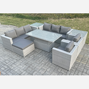 Fimous Rattan Garden Funiture Set Height Adjustable Rising Lifting Table Sofa Dining Set Lounge Chair 2 Side Table Footstool