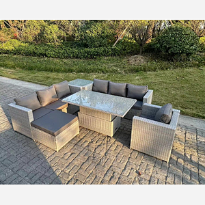 Fimous Rattan Garden Funiture Set Adjustable Rising Lifting Table Sofa Dining Set Side Coffee Tea Table Chair Footstool