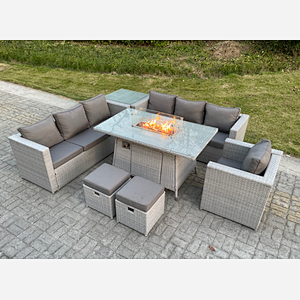Fimous Light Grey Rattan Fire Pit Garden Furniture Dining Table Set Gas Heater Burner Lounge Sofa With Side Coffee Table