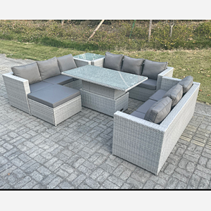 Fimous Lounge Rattan Garden Furniture Set Adjustable Rising Lifting Table Dining Set With Side Coffee Tea Table Footstool