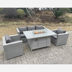Fimous Light Grey Rattan Gas Fire Pit Garden Furniture Dining Table Set Heater Burner Chairs Lounge Sofa Set Arm Chairs