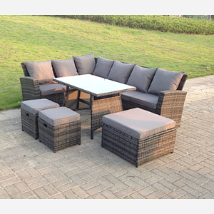 Fimous 9 Seater High Back Rattan Garden Furniture Set Corner Sofa With Oblong Dining Table 3 Footstool
